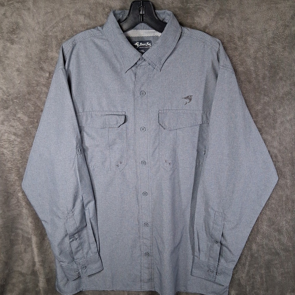 Bimini Bay The Largo Check Long Sleeve Shirt Men Size Large Gray BloodGuard Fish